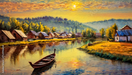 Village high textured paintings canvas on beautiful landscape with a river