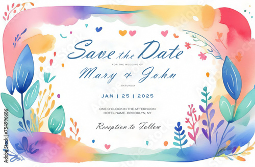 Vector illustration. Watercolor effect. LGBTQ rainbow texture. Modern Colorful Wedding Invitations template. Overlay of rainbow colors background. 