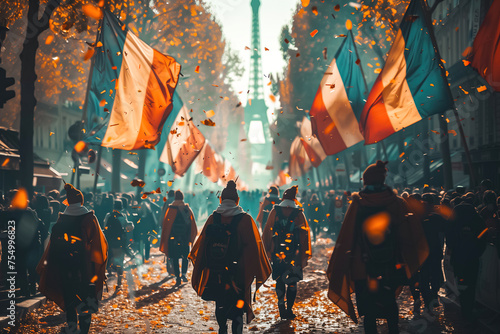 Marchers with flags walking through a city street, surrounded by autumn leaves and festive atmosphere
