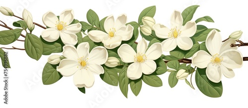 A grouping of white flowers with green leaves growing as a groundcover on a white background. The flowers are cut flowers, and the plant is a shrub
