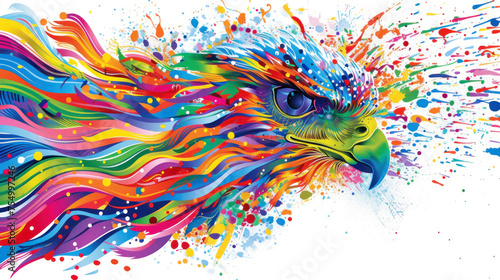 a painting of a colorful bird with lots of paint splatters on it's face and head, with a white background.
