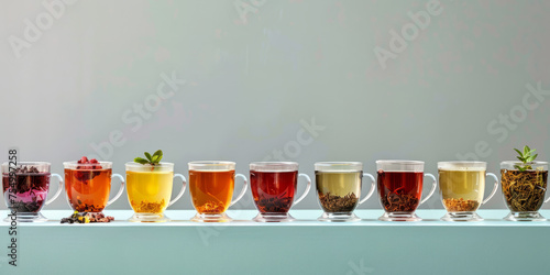 Various types of herbal tea displayed in transparent glass cups lined up on a shelf, with ingredients beside them