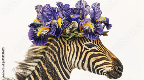a close up of a zebra with a bunch of flowers on it s head and a zebra in the background.
