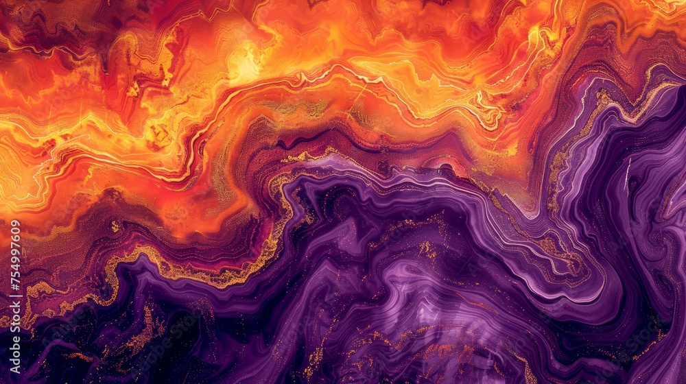 Vivid Abstract Fluid Art Background with Swirling Orange and Purple Patterns