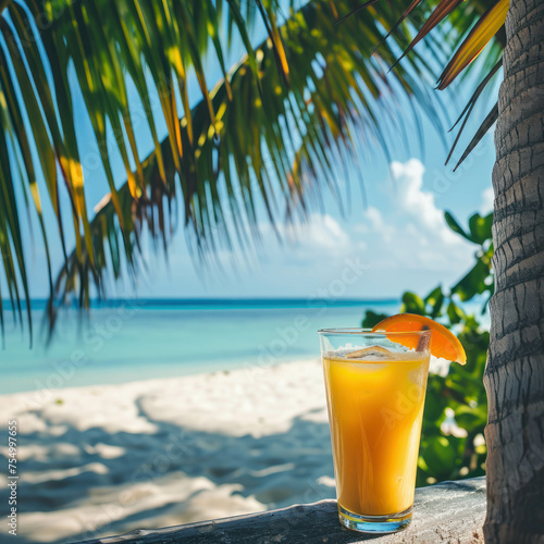 Tropical beach scene with palm trees and refreshing cocktails. Vacation paradise. AI generative.