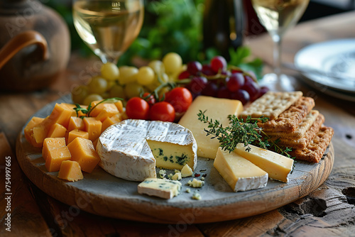 Wine, and different cheeses and grapes on wooden board