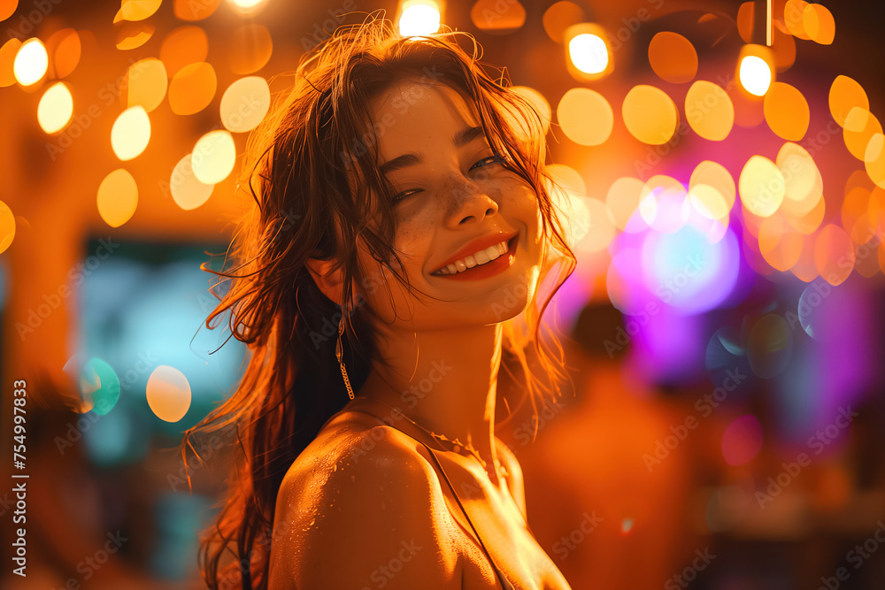 Beautiful young woman smiling radiantly with a warm sunset light illuminating her face