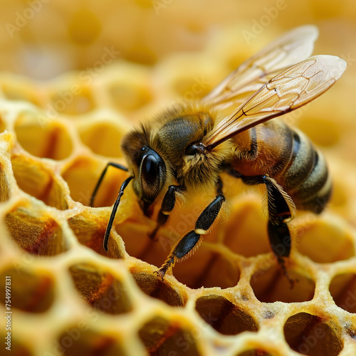 Detailed view of queen bee on hexagonal honeycomb. Vital for pollination. AI generative. © น้ำฝน สามารถ