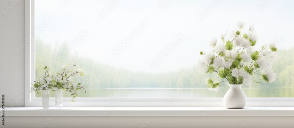 custom made wallpaper toronto digitalA clear vase filled with colorful flowers sits on a wooden window sill in a white room, with a view of a summer landscape outside the window. The flowers brighten up the space,