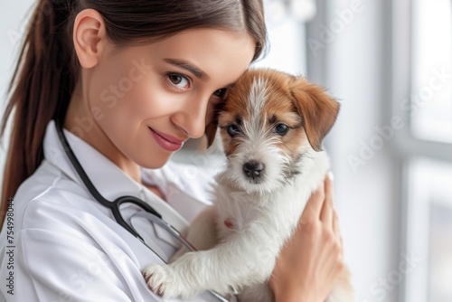 A compassionate female veterinarian in a white lab coat tenderly holds a cute puppy during a check-up.. photo