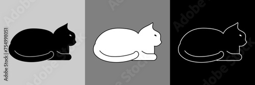 3 versions de pictogrammes d’un chat de profil et couché - en silhouette noire détouré, en silhouette blanche au contours noirs et en contour blanc sans fond. photo