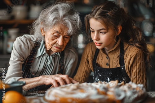 Elderly woman and young girl closely engaged in baking together with focus on a homemade pie