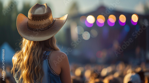 Young American woman fan of country music attending a country music concert. Back view of a woman wearing a cowboy hat and copy space for text or logo.	 photo
