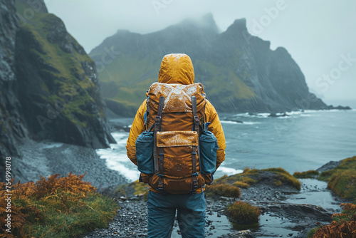 Back view of male tourist with rucksack standing on hill in front of great mountain and lakeview while journey. Travel mountain adrenaline concept
