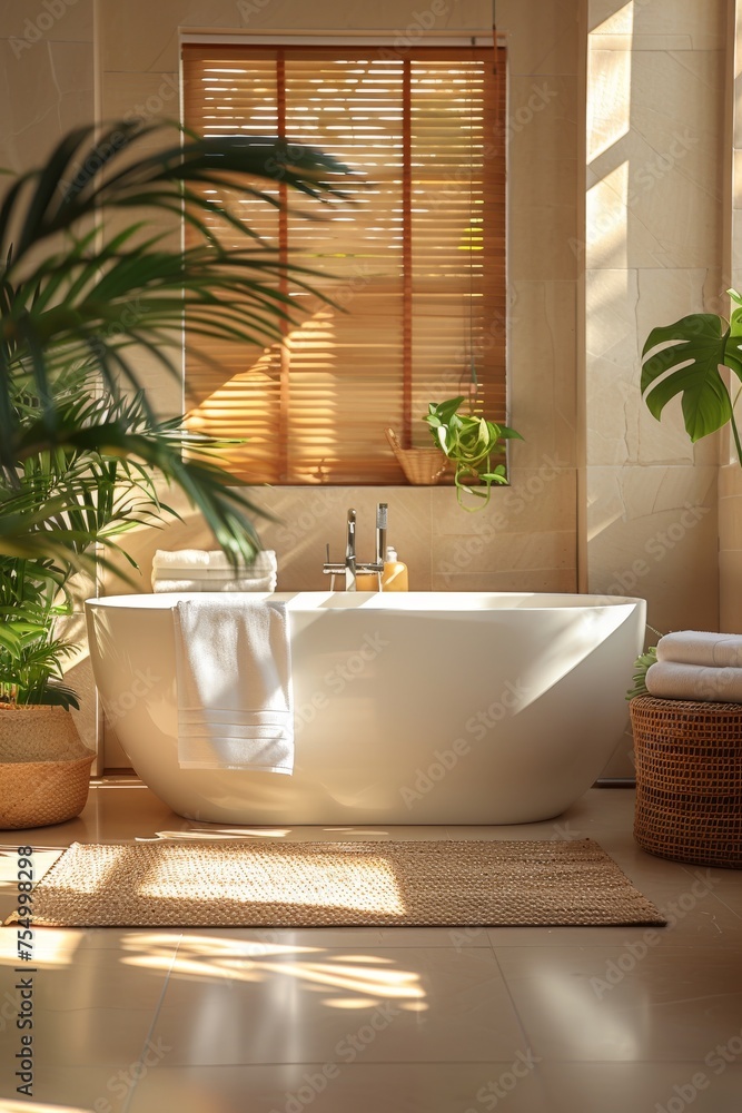 Fototapeta premium Luxury modern interior of bathroom with green houseplants