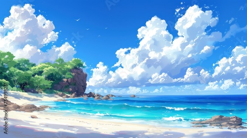 a painting of a beach with a cliff in the background and a blue ocean in the foreground with white clouds in the sky.