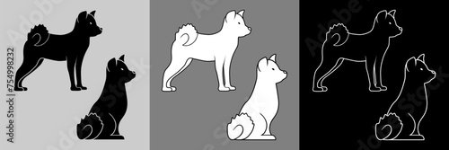 3 versions d’une de pictogrammes d’un chien japonais Akita, de profil, assis et debout - en silhouette noire détouré, en silhouette blanche au contours noirs et en contour blanc sans fond.