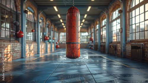 punching bag hanging in the empty gym 