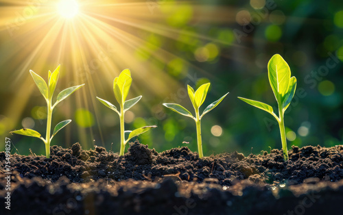 Wide panoramic view of seedling emerging from rich soil into morning sunlight, ecology concept. AI generative. photo