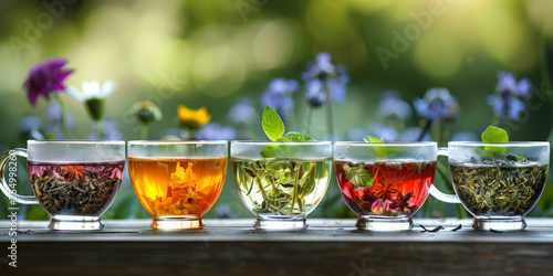 Array of colorful herbal teas displayed in transparent cups on a wood surface against an outdoor blurred floral backdrop