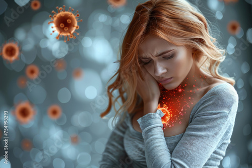Coronavirus quarantine concept, woman experiences malaise, pneumonia, catarrhal disease, bacteria and viruses, health problems