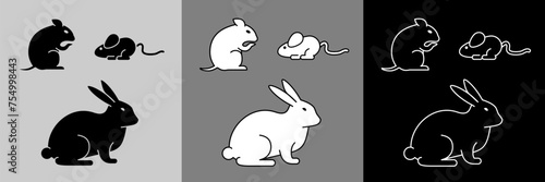 3 versions de pictogrammes de 3 variété de rongeurs de profil, un hamster, une souris et un lapin - en silhouette noire détouré, en silhouette blanche au contours noirs et en contour blanc sans fond. photo