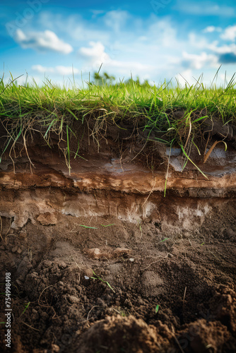 Soil Cross Section with Emerging Seedlings. Detailed cross-section of fertile soil layers with plants emerging, the layer of earth and roots. photo