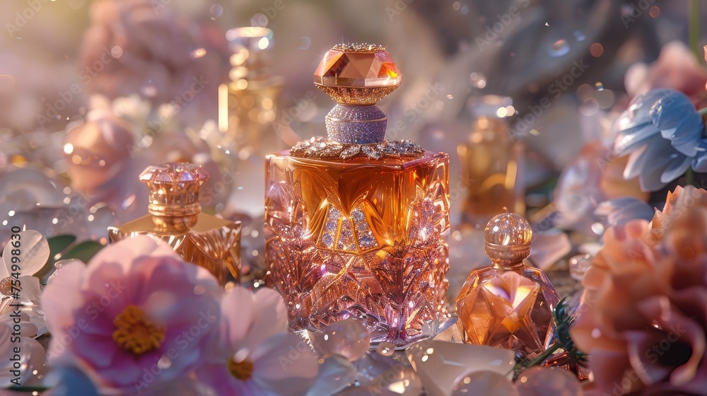 Luxurious perfume bottles, ornately designed, are nestled among soft floral decorations, highlighted by the tender gleam of a dreamy, lit setting.