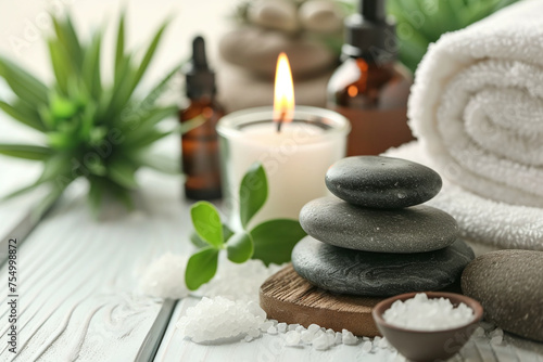 Beauty treatment items for spa procedures  massage stones  aromatic candles essential oils and sea salt  Zen atmosphere with copy space for text or logo