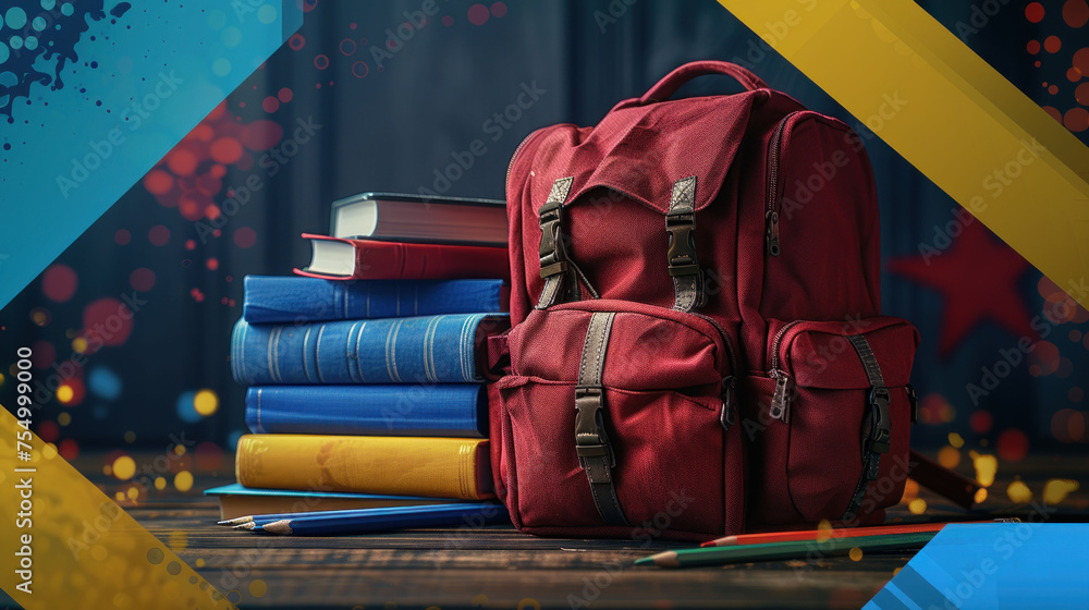 a red backpack sitting on top of a pile of books next to a pile of books on top of a wooden table. - obrazy, fototapety, plakaty 
