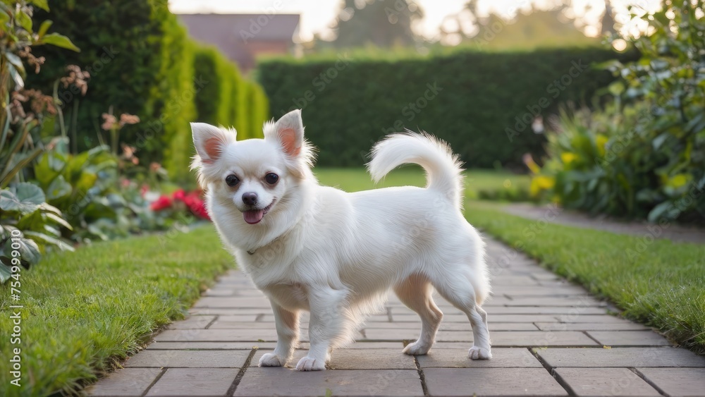 White long coat chihuahua dog in the garden White long coat chihuahua dog in the garden