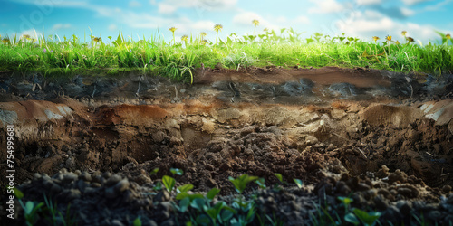 Soil Cross Section with Emerging Seedlings. Detailed cross-section of fertile soil layers with plants emerging, the layer of earth and roots. photo