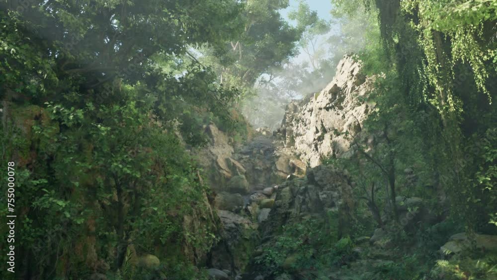 A serene river flowing through a vibrant green forest A serene river flowing through a vibrant green forest