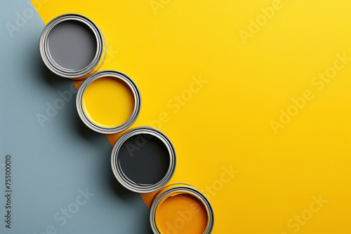 Color paint cans on a background of yellow and classic grey with copy space for text or logo