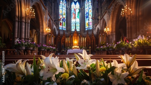 The warm glow of candles and fresh lilies create a serene Easter atmosphere at a church altar, with stained glass windows casting a colorful backdrop