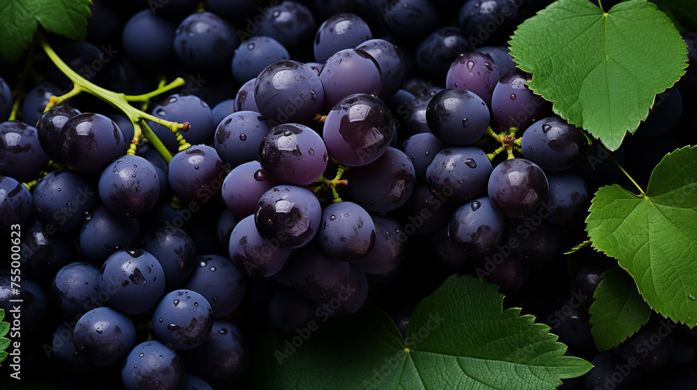 Bunches of ripe fresh grape on the grapevine, soft focus background