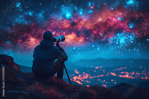 A young astronomer points a powerful telescope towards the night colored sky, exploring the mysteries of the universe. Stargazing with a telescope.