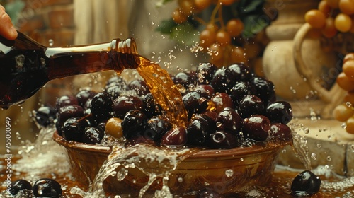 a person pouring a bottle of wine into a bowl of cherries on a table with other cherries in the background. photo