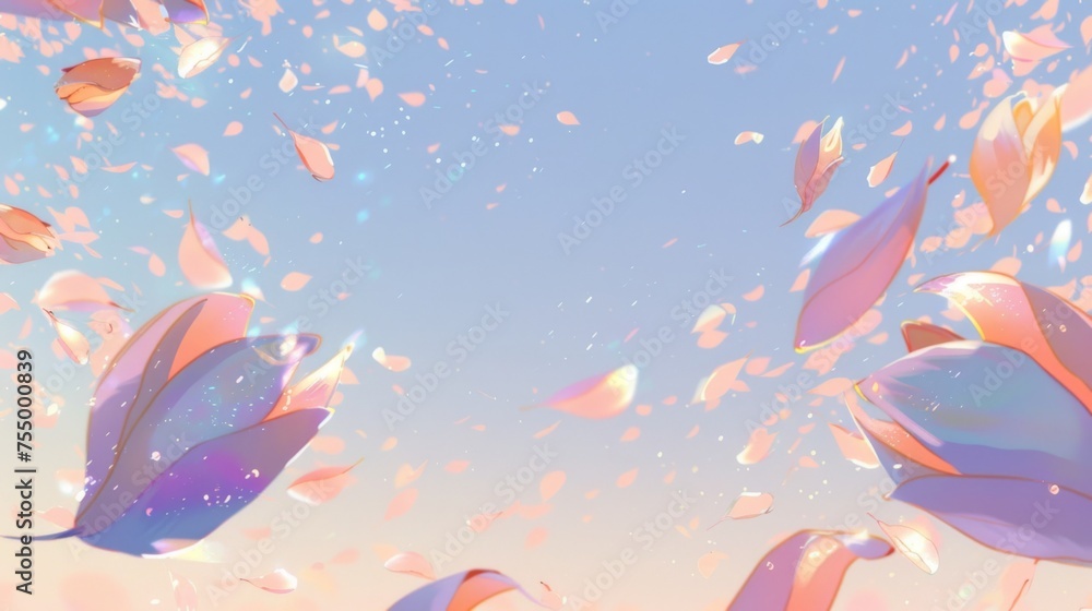Petals dance on a breeze against a pastel blue sky, each catching light to reveal holographic splendor. This ethereal scene blends a retro vibe with modern artistry, sparking imagination.
