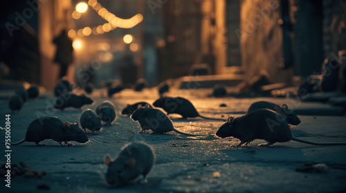 A lot of starving rats waiting to be fed up, looking for food on the abandoned streets in the middle of the night photo