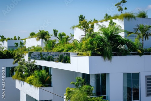 Modern white architecture boasts lush rooftop gardens, seamlessly blending urban living with the tranquility of nature under a clear sky.