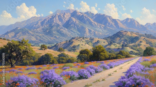 a painting of a dirt road in a field of wildflowers with a mountain range in the distance in the background. © Olga