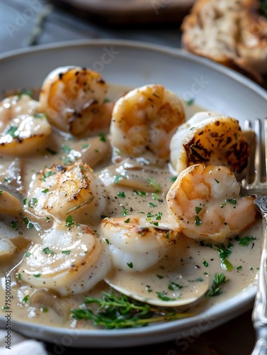 Delicious Shrimp in White Sauce by Chef Rebekah Silva, To showcase a delicious and elegant shrimp dish, suitable for a high-end restaurant or gourmet