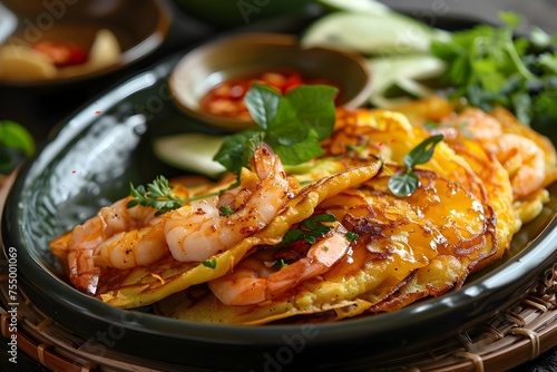 Golden Shrimp Omelette on Black Plate A Taste of Thai Cuisine