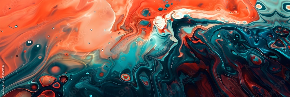 Vibrant Abstract Fluid Art Background with Swirling Red, Orange, and Teal Patterns
