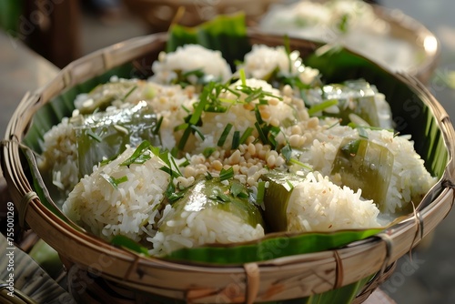 Thai Loh Rural Rice Cake in Bamboo Basket with Coconut Milk and Pine Nuts photo