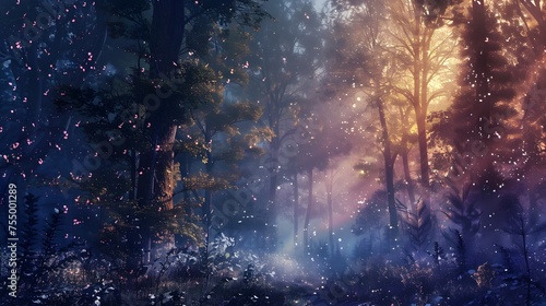 Twilight Forest Glow with Fireflies - Magical, Dreamy, Cinematic Night Scene