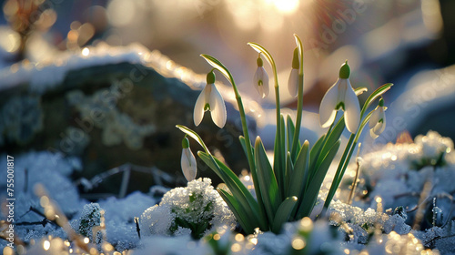 spring snowdrops in snow, sun shining behind it, the harbinger of spring 