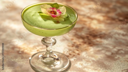 A sophisticated garleek cocktail served in a stem glass, topped with a vibrant orchid, against a marbled background. photo