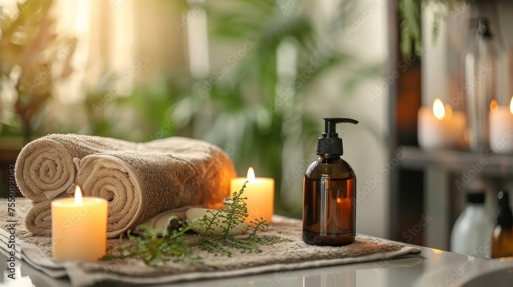 Inviting spa scene with rolled towels, a pump bottle, and lit candles, surrounded by lush greenery for a peaceful wellness experience.